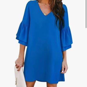 Blue V-Neck Bell Sleeve Shift Dress